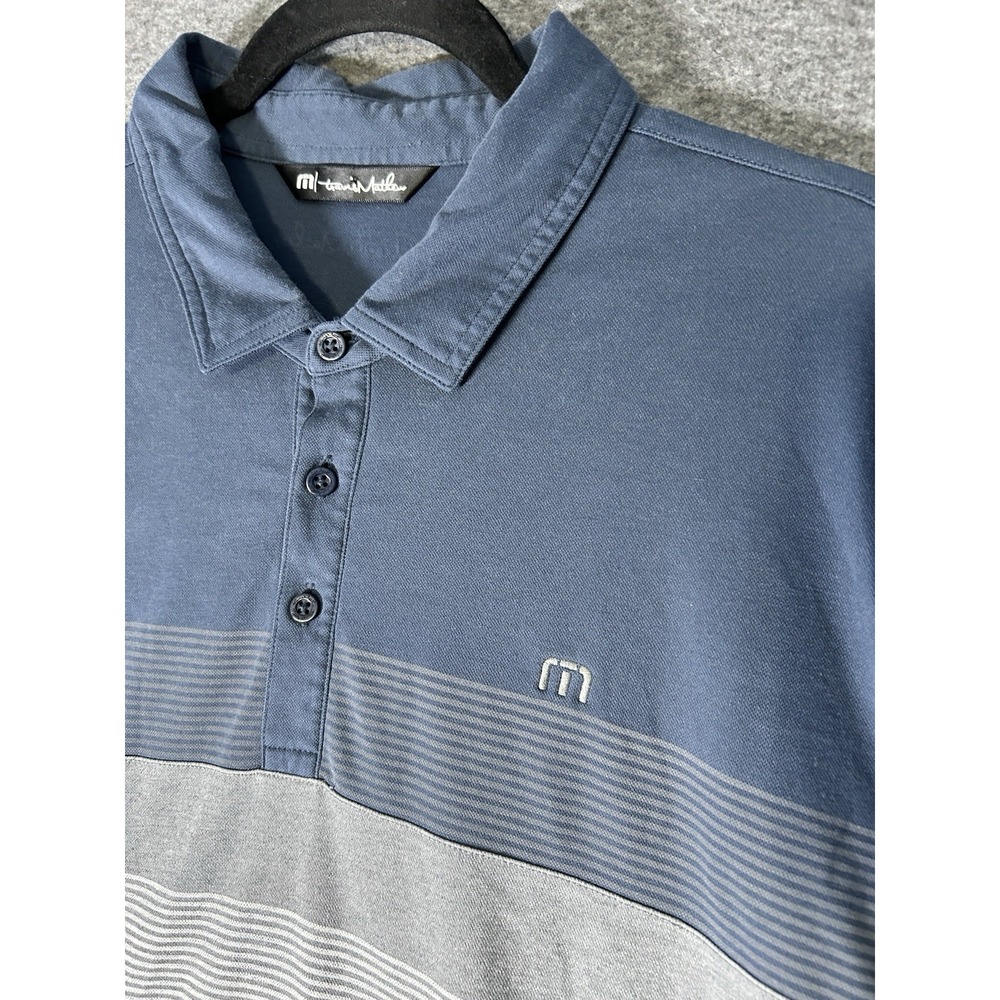 Travis‎ Mathew Men's XXL Blue Gray Striped Short Sleeve Polo Golf Casual Stretch